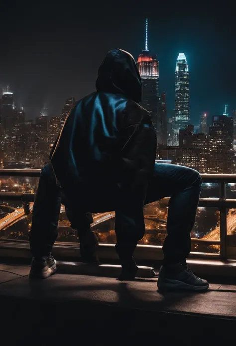 Black Spider-Man with a jacket on with a hood over his head while looking over a city at night time