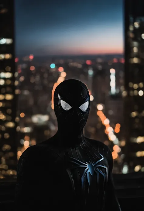 Black suit Spider-Man looking over a city at night time