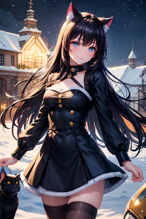 of the highest quality, High resolution, The perfect human structure, Focus of the figure, A dark-haired,Front view, Glowing hair, Glowing eyes, Cat ears, Winters, Christmas tree, Overall angle, Medium chest, Happy laughter, Gradient Eyes, swept bangs,