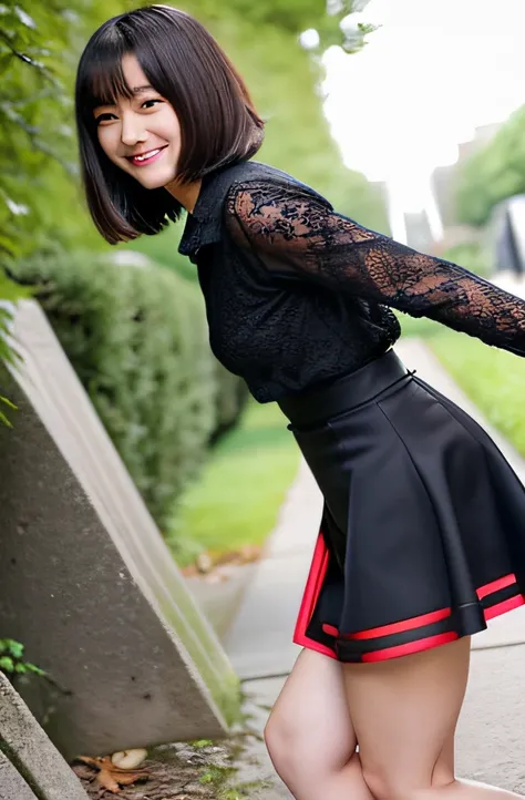 raw photo, a standing teenage Japanese actress (hairstyle: wavy bob, seductive and sadistic smile) in a beautiful coquettish black lace villain skirt (with some red accents) and boots.