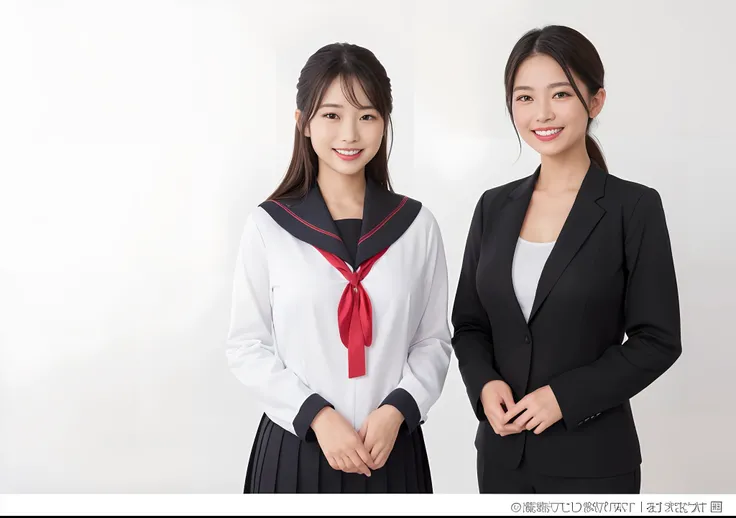 (((Two of the most beautiful faces in the Japan,One is a young girl wearing a Japan high school uniform, and the other is a 45-year-old mother in a black suit with large wrinkles in her eyes and mouth,The biggest smile looking at the camera))),((Breasts ar...