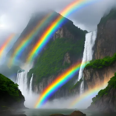 Waterfall and rainbow in the fog