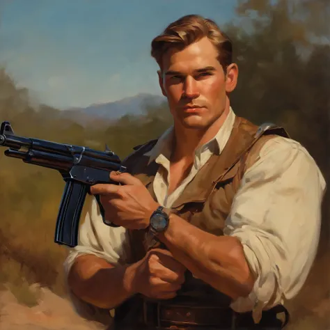 retrato de (homem sks) de bom humor, Lutador de rua, maCho atraente, design de personagens, dynamic lighting, tonalidade fria e brilhante, Pintura de Gaston Bussiere, Craig Mullins, j. C. LeyendeCker, Tone of Finland