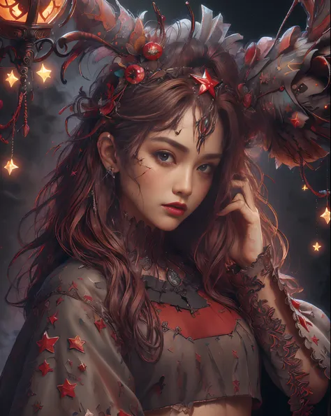 ((extreme detail)),(ultra-detailed), extremely detailed CG unity 8k wallpaper, velvet, figurine, red hood, crop top, star headdress, puffy sleeves, lips, looking away, close-up, head turn, black background