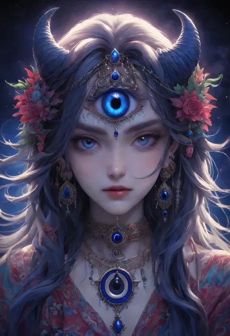 A brightly-colored Nazar amulet, adorned with intricate patterns and vibrant hues, dangles delicately from an elegant silver chain, its deep blue and mystical powers shielding the wearer from the malevolent gaze of the devil eye; an enchanting, surreal sce...