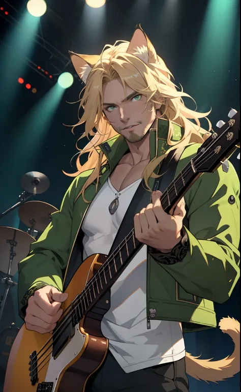 Green fur lined jacket, one male, cat ears, long hair, blond, blond hair, green eyes, tall, muscular, white shirt, beautiful face, highest quality, masterpiece, 2d, anime, perfect face, highest detail, feline eyes, stubble, cat tail, wavy hair, cowboy shot...