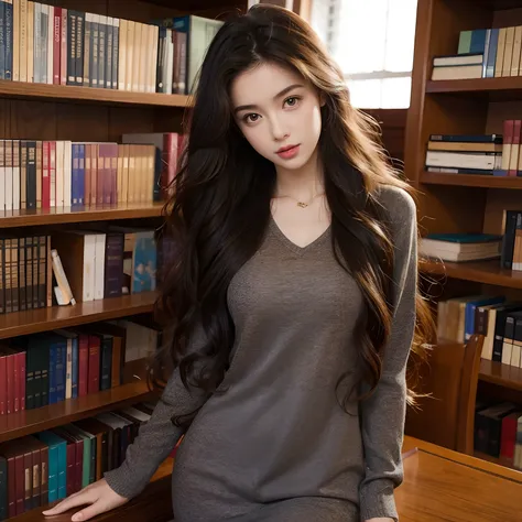 Girl with long hair and curly hair，Slim figure，Study in the library