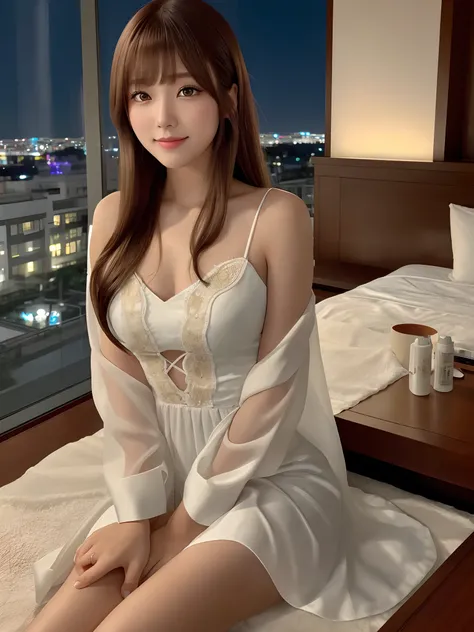 mastepiece, 1 girl per 1 photo, cowboy shot, front view, a Japanese young pretty girl, long bob hair, sitting on a silk bed in front of a beautiful night view with a big smile in a room of a luxury hotel in the night, beautiful night view, long length sati...