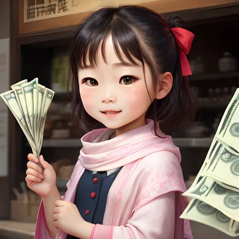 Little girl with shawl hair、adolable、cartoony、Holding a bunch of money、Rich