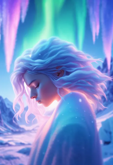 (((Masterpiece))),(((Best quality))),((Ultra-detailed)),((illustration)),extreme light，1girll，Stand under the iceberg，Admire the beautiful Northern Lights，[Hazy snow-capped mountain landscape in the distance：Translucent ethereal mechanical girl，snow mounta...