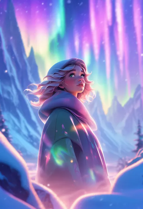 (((Masterpiece))),(((Best quality))),((Ultra-detailed)),((illustration)),extreme light，1girll，Stand under the iceberg，Admire the beautiful Northern Lights，[Hazy snow-capped mountain landscape in the distance：Translucent ethereal mechanical girl，snow mounta...