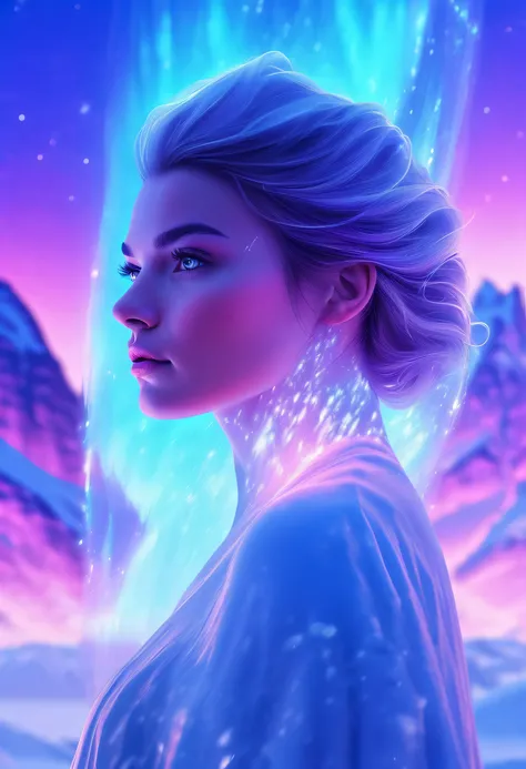 Model shooting style, (extremely detailed 8k cg wallpape),extreme light，1girll，Stand under the iceberg，Admire the beautiful Northern Lights，Personachi Cyberpunk [Snow-capped mountain landscape with fog：Transparent ethereal girl，snow mountains：0.33] Immerse...