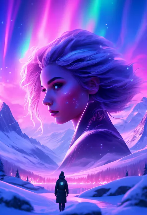 Model shooting style, (extremely detailed 8k cg wallpape),extreme light，1girll，Stand under the iceberg，Admire the beautiful Northern Lights，Personachi Cyberpunk [Snow-capped mountain landscape with fog：Transparent ethereal girl，snow mountains：0.33] Immerse...