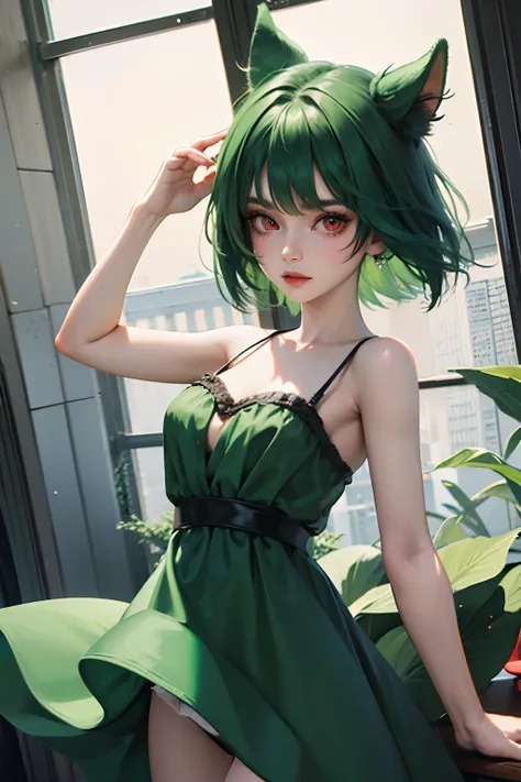 1girl, green hair, red eyes, dress, short hair, (solo:1.3),