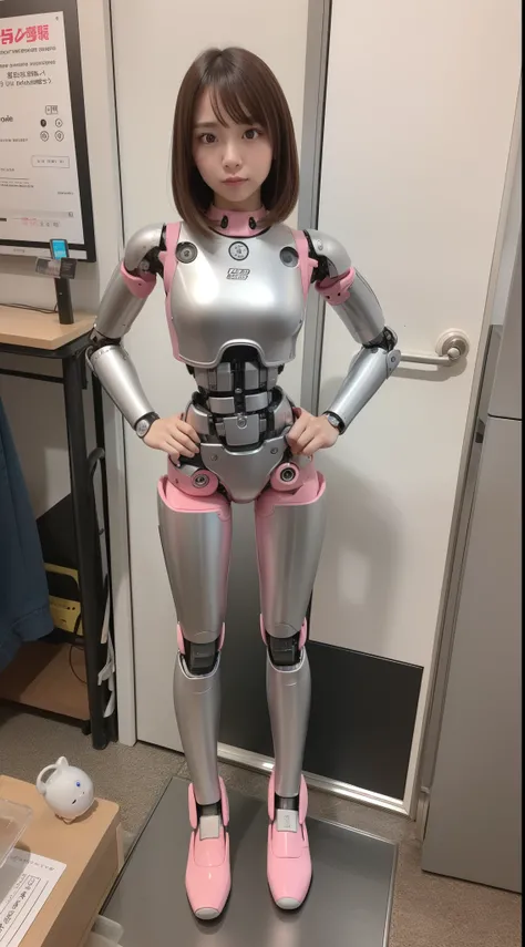 cyborg, Pink there, Silver, metallic body, Robot Parts, Metal Parts, Super Detailed Face, Super well-formed face, of the highest quality, a small face,, a small head Full body, brown hair, slender-body, Camera gaze, Internal Mechanical Exposure, Idol, Well...