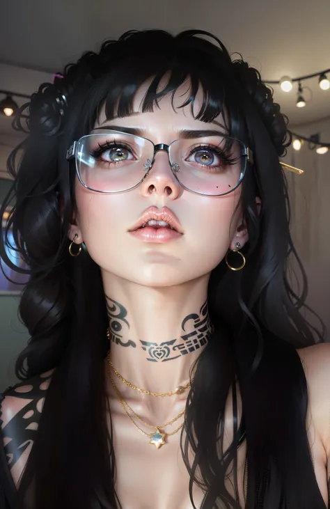 a close up of a woman with glasses and a tattoo on her neck, wearing gold detailed chain, wearing a white pearl necklace, charli xcx, septum piercing, wearing choker, lip ring piercing connect to chain and tied in ear wearing intricate black choker, she ha...