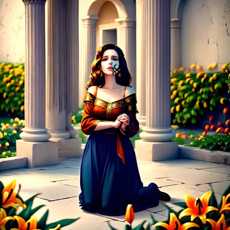 /imagine prompt: color photo of Lana Del Rey in Greek style, surrounded by orange lilies, wearing Greek clothes, Renaissance style, kneeling over a garden and joining hands for a prayer —c 10 —ar 2:3