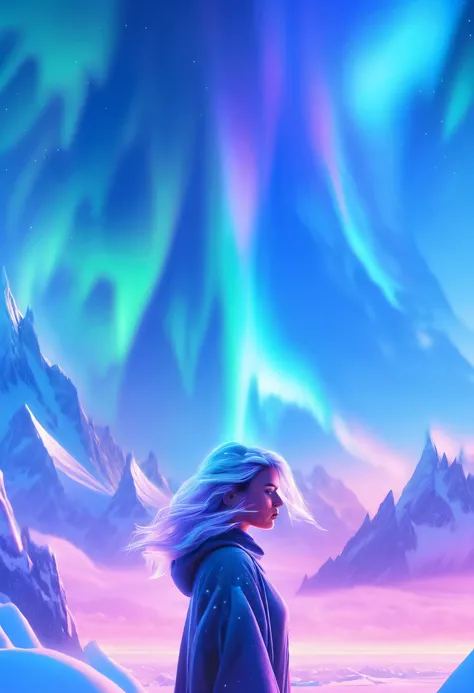 Model shooting style, (extremely detailed 8k cg wallpape),extreme light，1girll，Stand under the iceberg，Admire the beautiful Northern Lights，Personachi Cyberpunk [Snow-capped mountain landscape with fog：Transparent ethereal girl，snow mountains：0.33] Immerse...