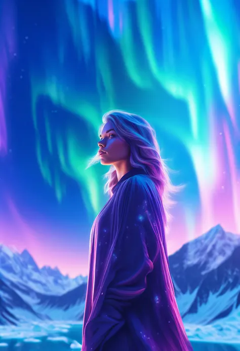 Model shooting style, (extremely detailed 8k cg wallpape),extreme light，1girll，Stand under the iceberg，Admire the beautiful Northern Lights，Personachi Cyberpunk [Snow-capped mountain landscape with fog：Transparent ethereal girl，snow mountains：0.33] Immerse...