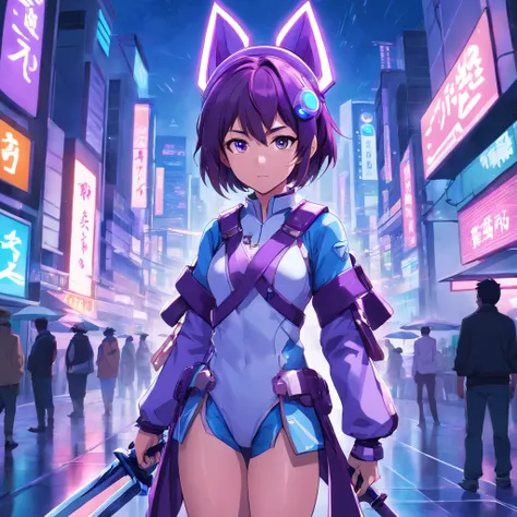 portrait full body Anime cyber samurai, 2 swords, using cyber faceless helmet white and purple, featuring white and purple color scheme, the scene is set in a futuristic cyberpunk cityscape, with neon lights illuminating the surroundings, he just opens the...