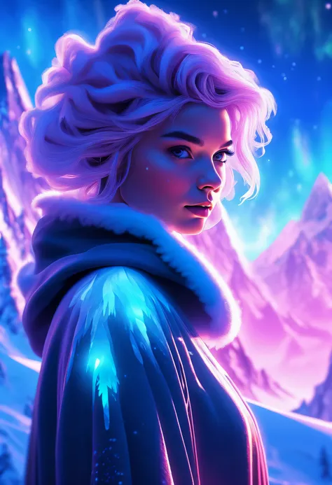 Model shooting style, (extremely detailed 8k cg wallpape),extreme light，1girll，Stand under the iceberg，Admire the beautiful Northern Lights，Personachi Cyberpunk [Snow-capped mountain landscape with fog：Transparent ethereal girl，snow mountains：0.33] Immerse...