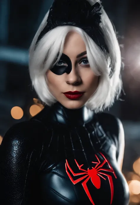 1girl  white hair, with a small mask wearing a black latex suit with spider man looking at viewer, upper body, facing viewer,