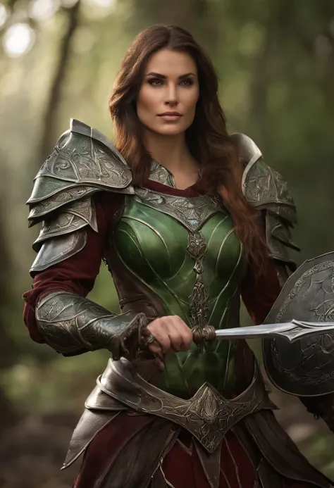 a close up of a woman in a costume with a sword, eso armor, elven armor, female armor, female dragonborn, infinity blade armor, female orc, skyrim armor, warrior outfit, morrowind armor, wearing witchblade armor, female humanoid creature, aela the huntress...