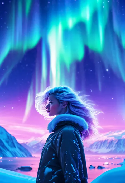 Model shooting style, (extremely detailed 8k cg wallpape),extreme light，1girll，Stand under the iceberg，Admire the beautiful Northern Lights，Personachi Cyberpunk [Snow-capped mountain landscape with fog：Transparent ethereal girl，snow mountains：0.33] Immerse...