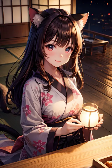 of the highest quality, High resolution, The perfect human structure, Focus of the figure, Front view, Glowing hair, Glowing eyes, Cat ears,, Brown hair, ryokan, Yukata, Overall angle, Happy smile, Gradient Eyes, swept bangs,