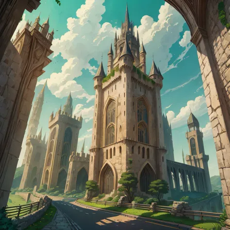 a city, camelot city surrounded by high, lush green valley, (Masterpiece:1.2), (Best Quality), Detailed, UHD, sharp focus, (illustration:1.1) thick walls made of white stone. The walls are topped with towers and battlements, see the tower at the end of the...