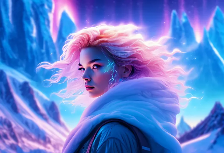 Model shooting style, (extremely detailed 8k cg wallpape),extreme light，1girll，Stand under the iceberg，Admire the beautiful Northern Lights，Personachi Cyberpunk [Snow-capped mountain landscape with fog：Transparent ethereal girl，snow mountains：0.33] Immerse...