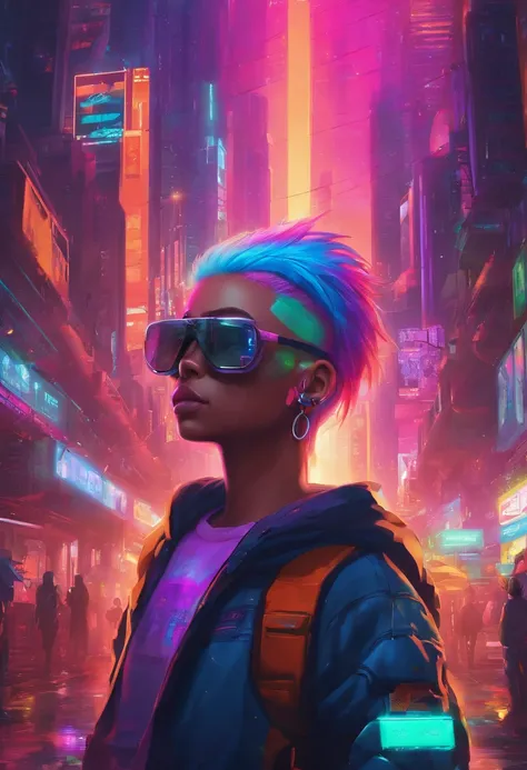 The most beautiful futuristic space boy, rainbow colour hair, a purple eye, Wear a hoodie, graphic t shirt, Ripped skinny jeans and highly refined technologically futuristic gear, Suspended in the future high-tech city，Starcloud，Very detailed background, P...