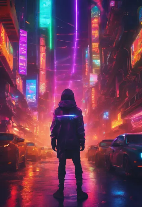 The most beautiful futuristic space boy, rainbow colour hair, a purple eye, Wear a hoodie, graphic t shirt, Ripped skinny jeans and highly refined technologically futuristic gear, Suspended in the future high-tech city，Starcloud，Very detailed background, P...