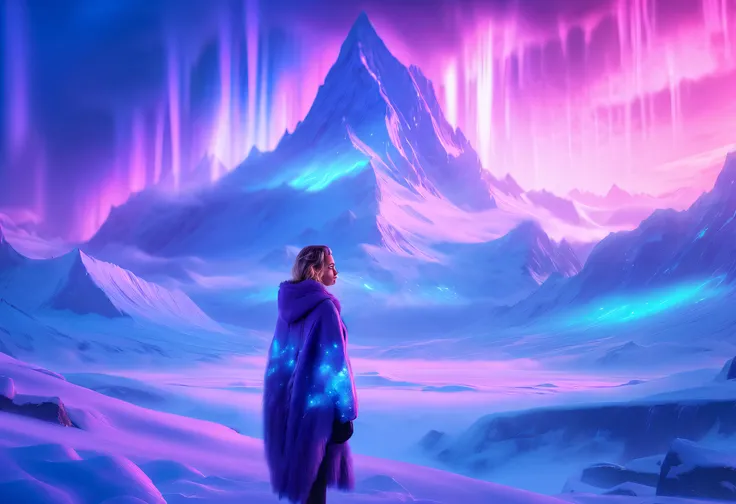 Model shooting style, (extremely detailed 8k cg wallpape),extreme light，1girll，Stand under the iceberg，Admire the beautiful Northern Lights，Personachi Cyberpunk [Snow-capped mountain landscape with fog：Transparent ethereal girl，snow mountains：0.33] Immerse...