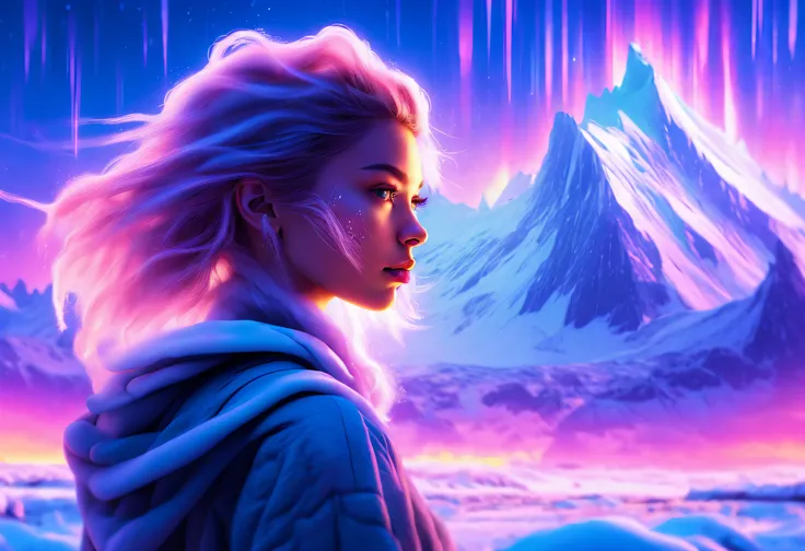 Model shooting style, (extremely detailed 8k cg wallpape),extreme light，1girll，Stand under the iceberg，Admire the beautiful Northern Lights，Personachi Cyberpunk [Snow-capped mountain landscape with fog：Transparent ethereal girl，snow mountains：0.33] Immerse...