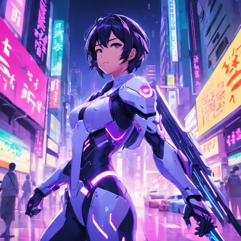 detailed 2d anime style, potrait cyber ninja man white and purple, futuristic neon cyberpunk suit, using futuristic helmet faceless, with 2 sword on his back, stunning artwork, shimmering shadows, strong colors, cyberpunk concept with neon effect, black ha...