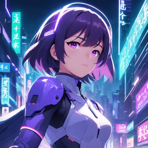 detailed 2d anime style, potrait cyber ninja man white and purple, futuristic neon cyberpunk suit, using futuristic helmet faceless, with 2 sword on his back, stunning artwork, shimmering shadows, strong colors, cyberpunk concept with neon effect, black ha...