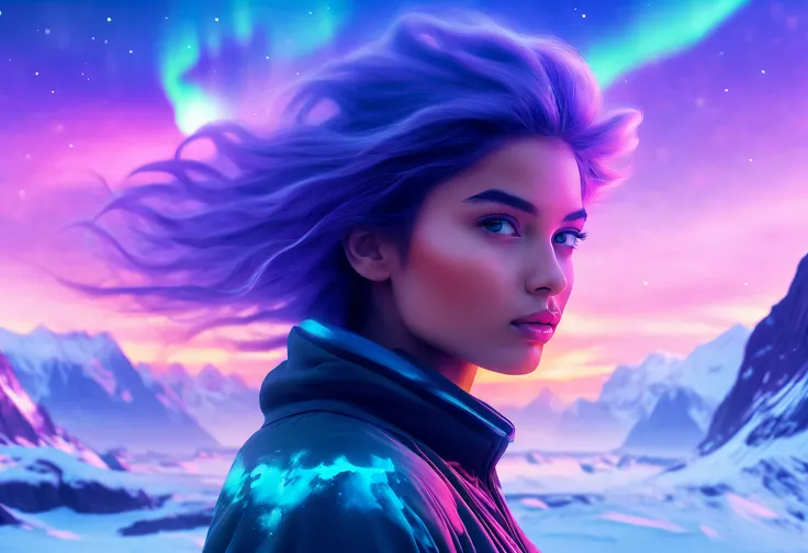 Model shooting style, (extremely detailed 8k cg wallpape),extreme light，1girll，Stand under the iceberg，Admire the beautiful Northern Lights，Personachi Cyberpunk [Snow-capped mountain landscape with fog：Transparent ethereal girl，snow mountains：0.33] Immerse...