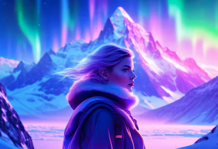 Model shooting style, (extremely detailed 8k cg wallpape),extreme light，1girll，Stand under the iceberg，Admire the beautiful Northern Lights，Personachi Cyberpunk [Snow-capped mountain landscape with fog：Transparent ethereal girl，snow mountains：0.33] Immerse...