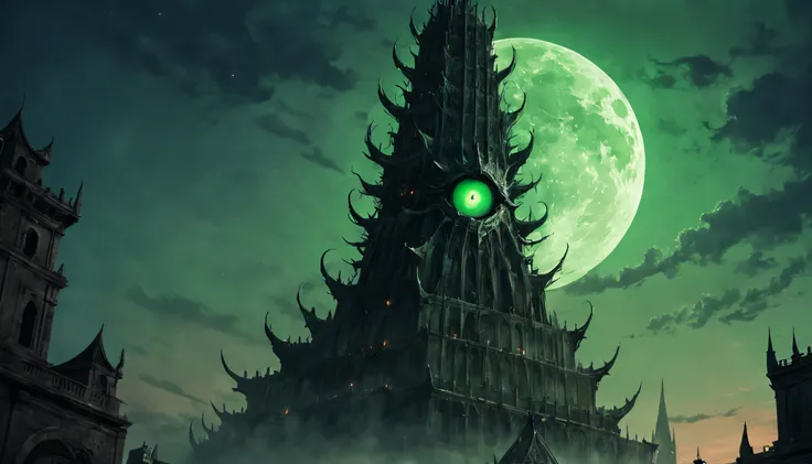 In a twilight sky, the Devils eye sits atop a colossal tower, its sinister gaze radiating energy waves and its silhouette illuminated by a massive green moon.