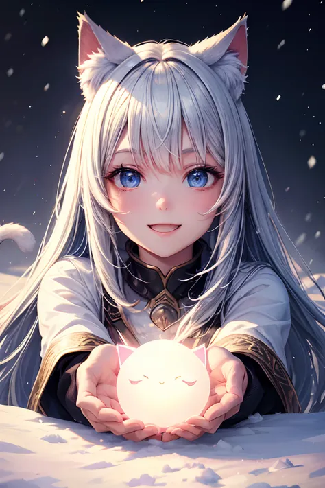 Top quality, high resolution, perfect human structure, figure focus, front view, glowing hair, glowing eyes, cat ears, snow play, overall angles, happy smiling gradient eyes, swept bangs,