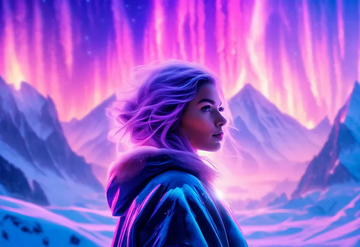 Model shooting style, (extremely detailed 8k cg wallpape),extreme light，1girll，Stand under the iceberg，Admire the beautiful Northern Lights，Personachi Cyberpunk [Snow-capped mountain landscape with fog：Transparent ethereal girl，snow mountains：0.33] Immerse...