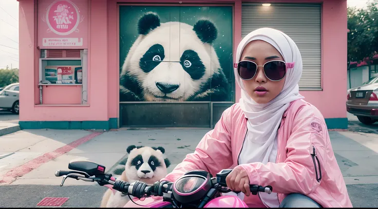 Slim beautiful malay woman in white hijab with pink jacket seat on big pink throne with big panda on her side, pink food delivery motorcycle park on the side, foodpanda delivery, panda emblem at delivery box, pink delivery box, sunglasses, sci-fi, with gun...