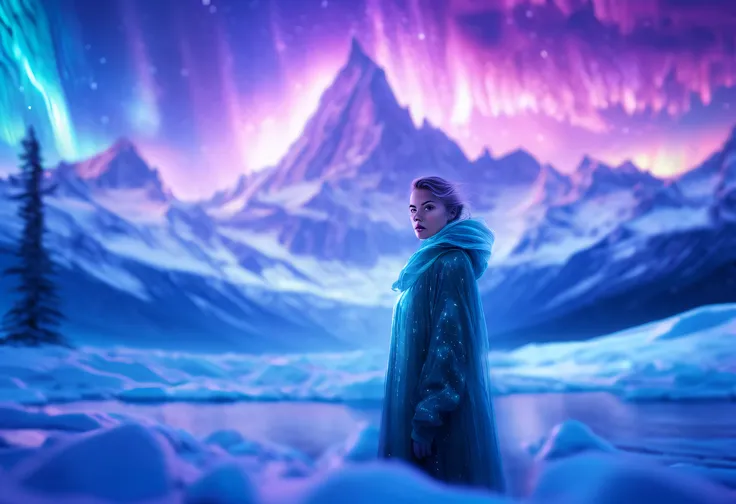 Model shooting style, (extremely detailed 8k cg wallpape),extreme light，1girll，Stand under the iceberg，Admire the beautiful Northern Lights，Personachi Cyberpunk [Snow-capped mountain landscape with fog：Transparent ethereal girl，snow mountains：0.33] Immerse...