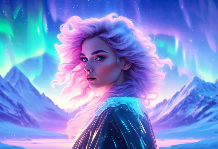 Model shooting style, (extremely detailed 8k cg wallpape),extreme light，1girll，Stand under the iceberg，Admire the beautiful Northern Lights，Personachi Cyberpunk [Snow-capped mountain landscape with fog：Transparent ethereal girl，snow mountains：0.33] Immerse...