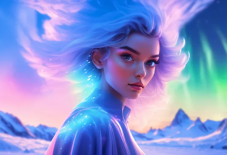 Model shooting style, (extremely detailed 8k cg wallpape),extreme light，1girll，Stand under the iceberg，Admire the beautiful Northern Lights，Personachi Cyberpunk [Snow-capped mountain landscape with fog：Transparent ethereal girl，snow mountains：0.33] Immerse...