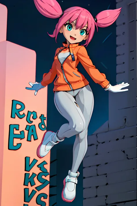 (Complete body, good anatomy, masterpiece, best quality) 1 girl, small girl, slim, solo!!, pink hair, short hair, pink twintails, aqua eyes, orange and grey jacket, white gloves, grey legwears, white platform shoes, happy, futuristic city, night