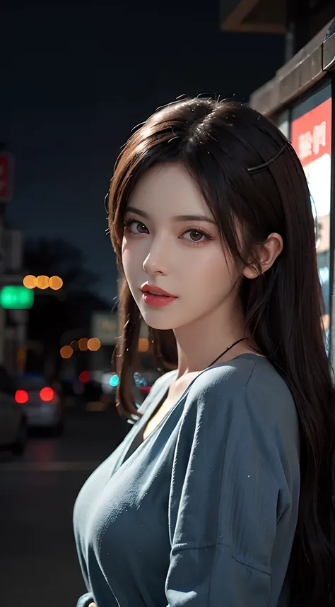 One Woman, Waist-high portrait，TOKYOcty, Night,neons, trending in CGSTATION, ,Realistic portraits,dressed casually、 reality. , long hair and sharp eyes, Gais, trending in CGSTATION, female idol portrait, ig model | ArtGerm,.