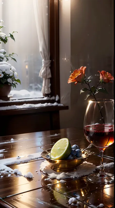 extreme close-up，clear，tmasterpiece，bar，delicious steak on the table，claret，wineglass，fruit platter，pottery vase with flowers，br...