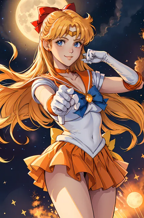 masterpiece, best quality, highres, sv1, sailor senshi uniform, orange skirt, elbow gloves, tiara, pleated skirt, miniskirt, red bow, orange choker, white gloves, jewelry, starry sky, badass pose, slight smile, portrait, floating, moon, upper body